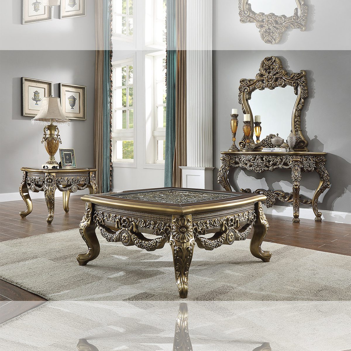 WSE High Quality Teak Wood Hand-Carved Antique Gold Nightstand III