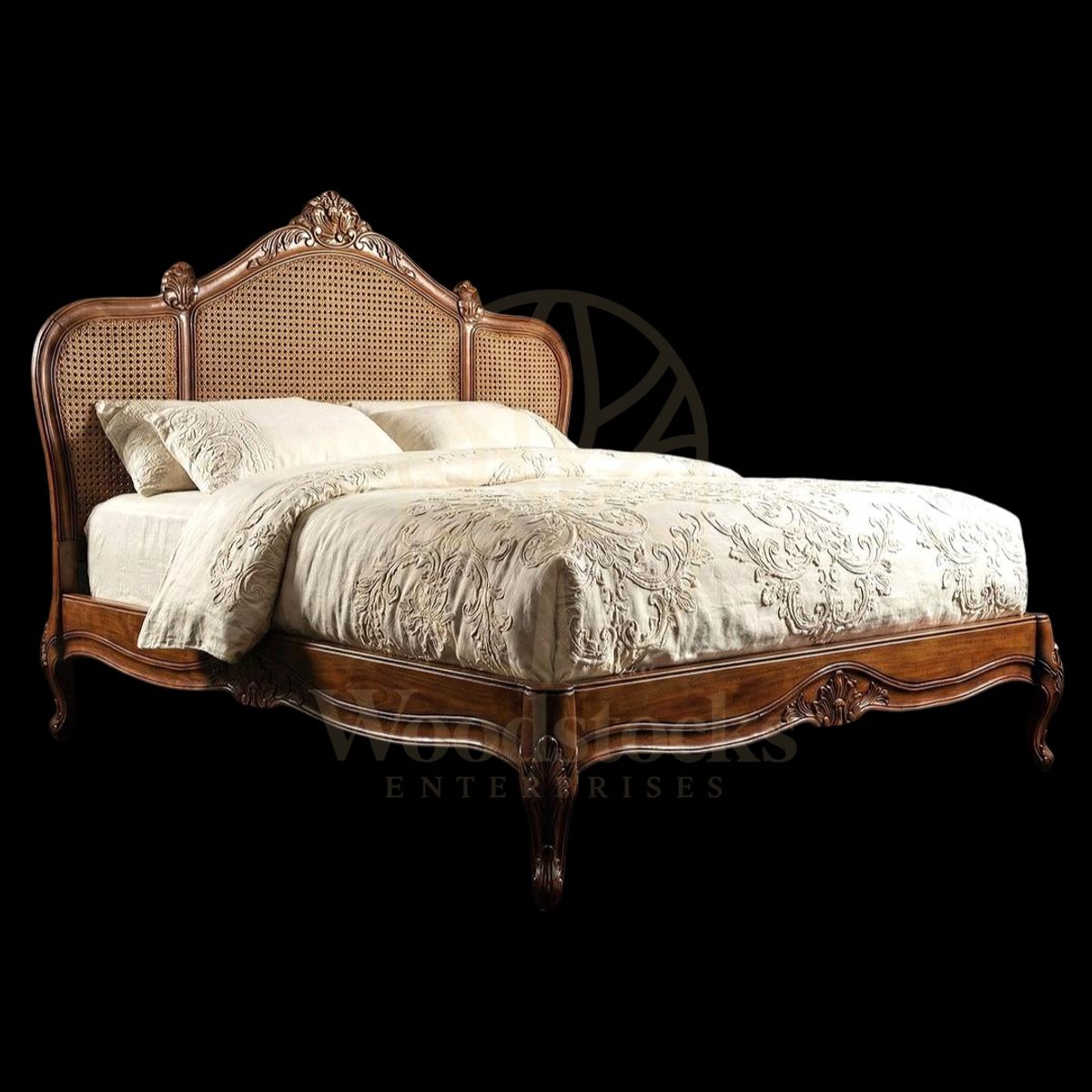 Royal Hand Carved Teak Faubourg Saint-Antoine Cane Bed, Saharanpur, King Size Bed