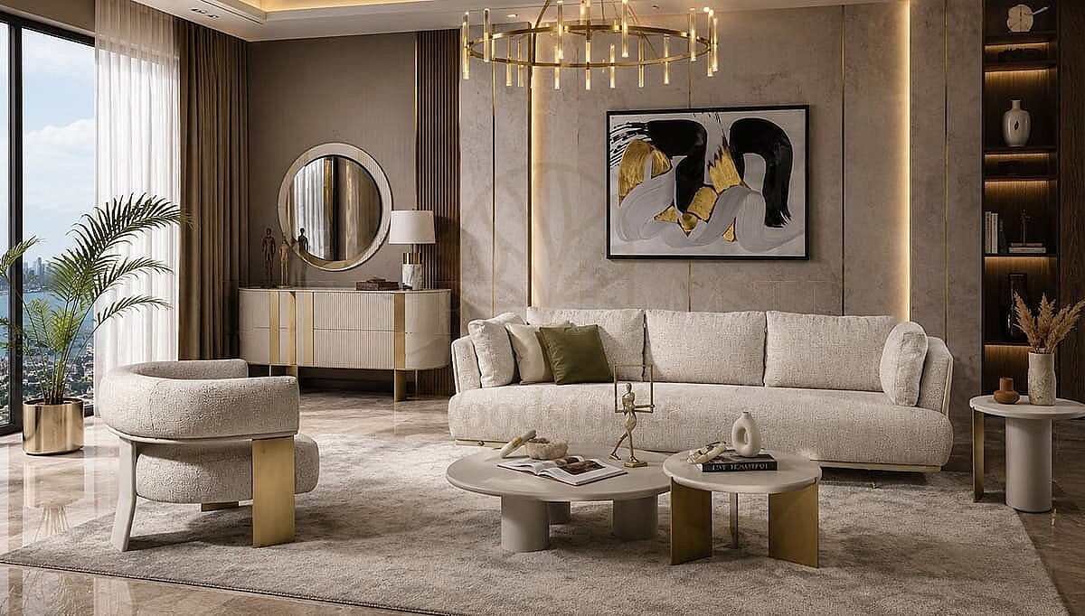 Luxury Velante Beige Handcrafted Teak Sofa Set, Saharanpur, Sofa Set
