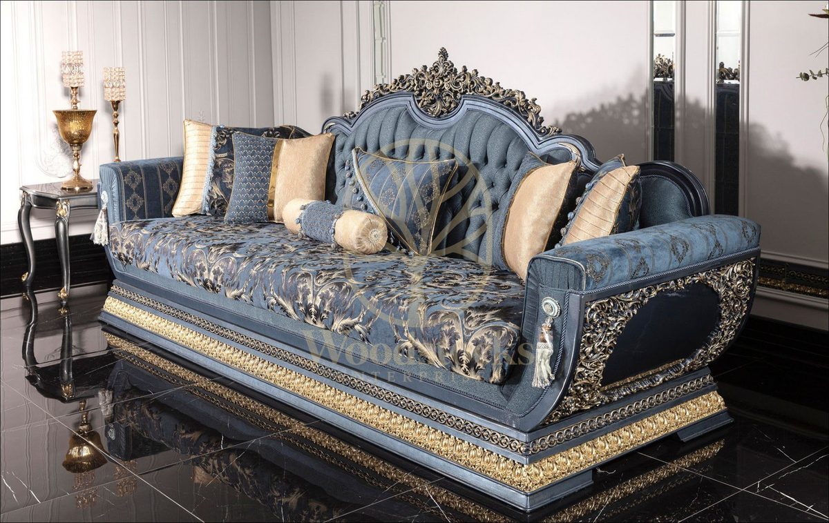 Teak Palace Blue and Silver Carved Sofa Set, view 5