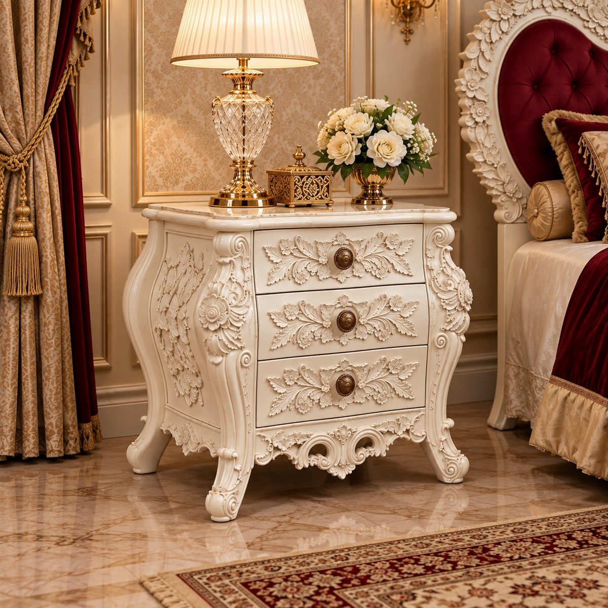 Teak Luxury Maharaja Carved Antiqued Ivory Nightstand, Side Table / Nightstand