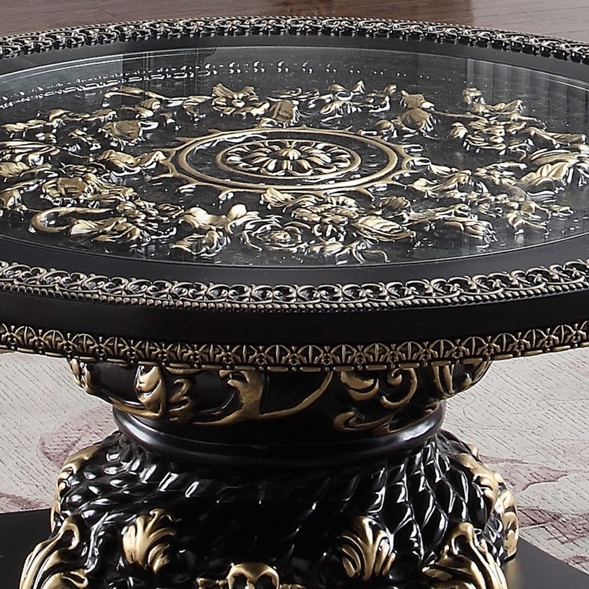 WSE High Quality Teak Wood Hand-Carved Antique Gold 3-Piece Coffee Table, Center Table
