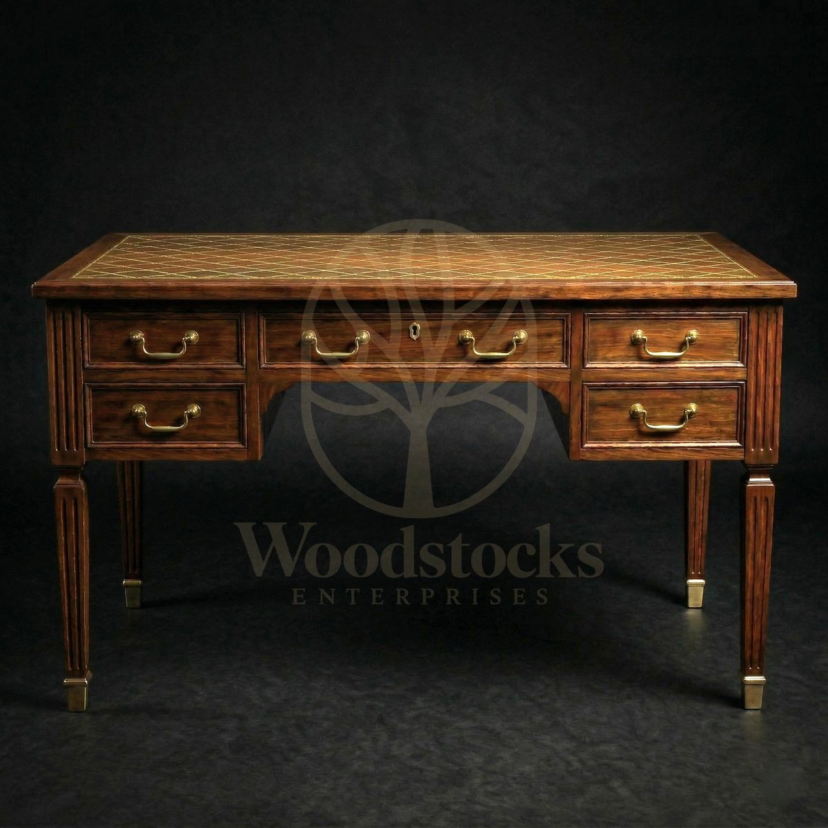 Royal Teak Fontainebleau Brass Inlay Bureau Plat, Saharanpur, view 2