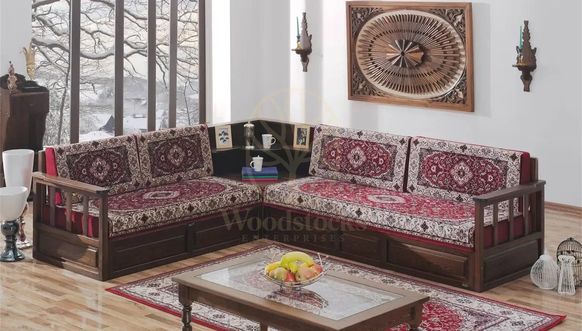 Royal Osmanli Hand Carved Teak L-Shape Sofa, Saharanpur, L Shape Sofa