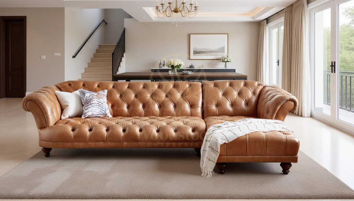 Royal Melvil Chesterfield Hand Carved Teak L-Shape Sofa, Saharanpur, L Shape Sofa