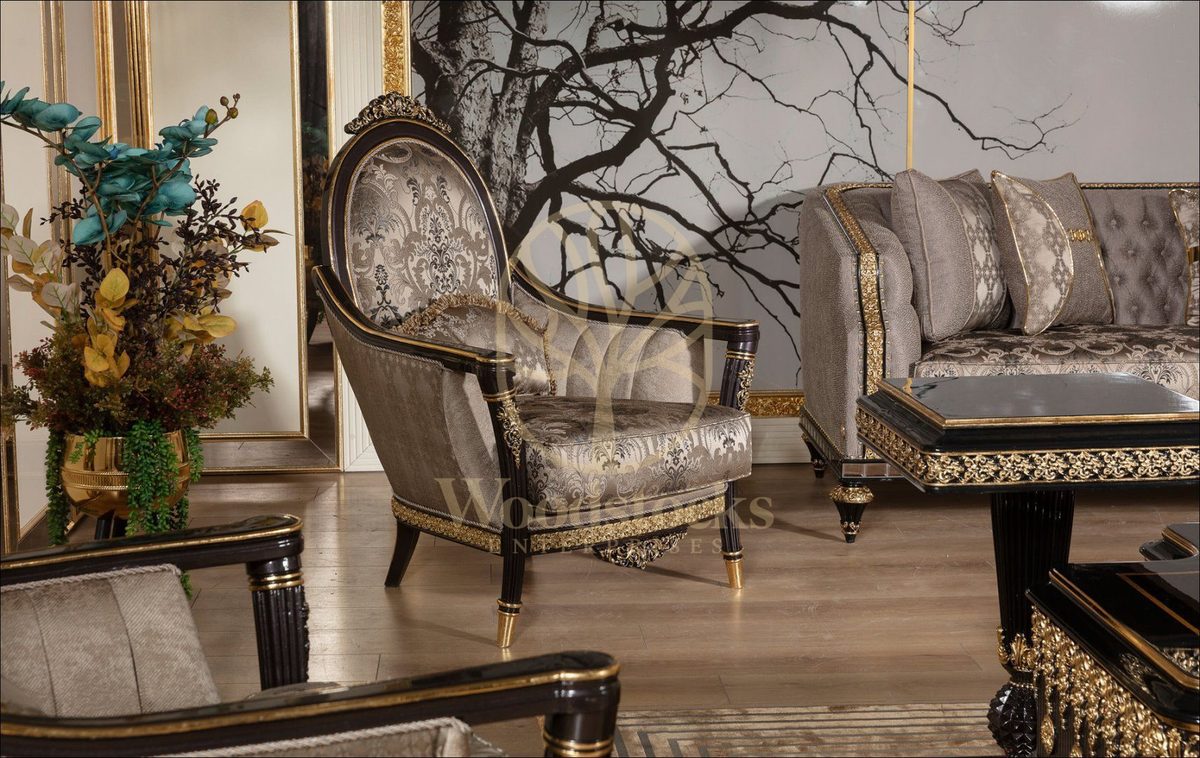 Teak Embroidered Silver Grey Sofa Set, view 3