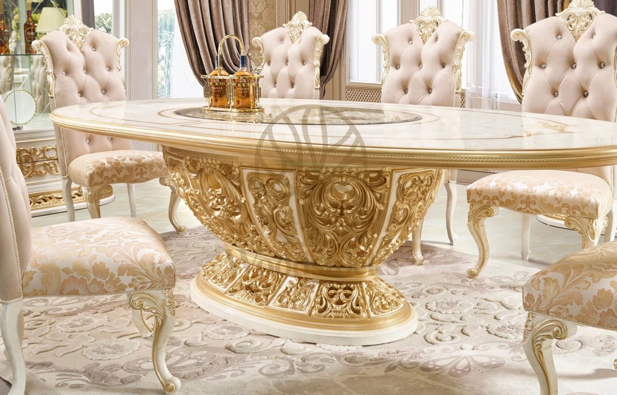 Teak Carved Cream Dining Table, Dining Table