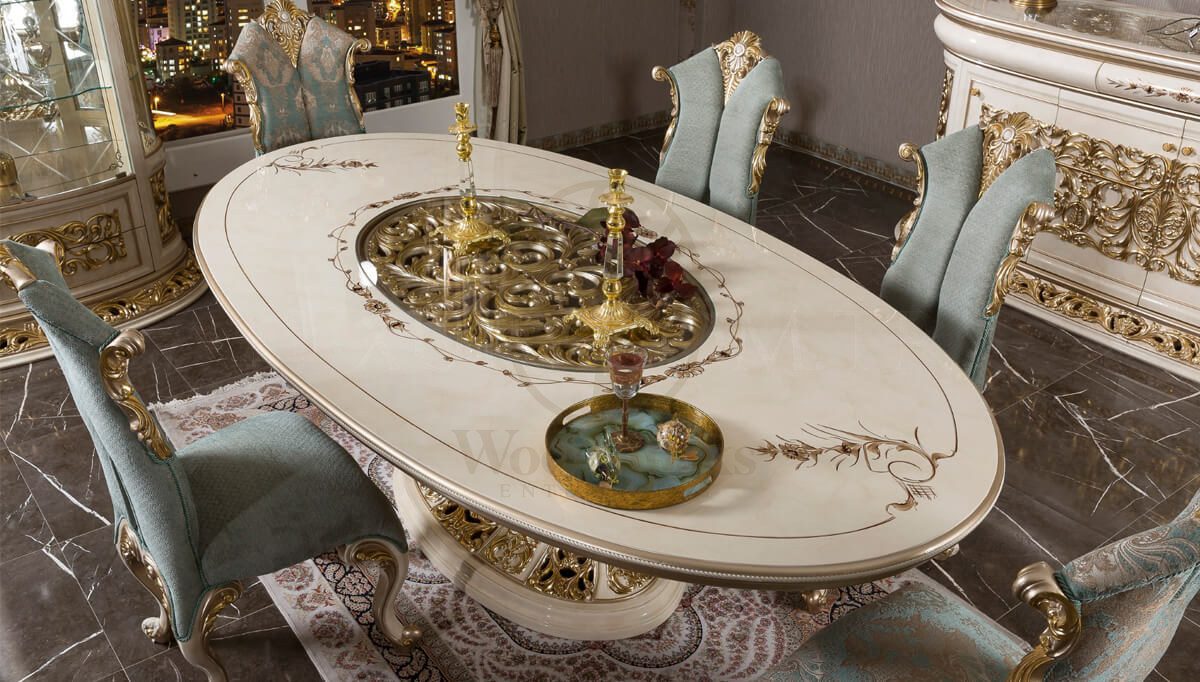 Royal Harzemsah Cream Hand Carved Teak Dining Table Set, Saharanpur, view 4