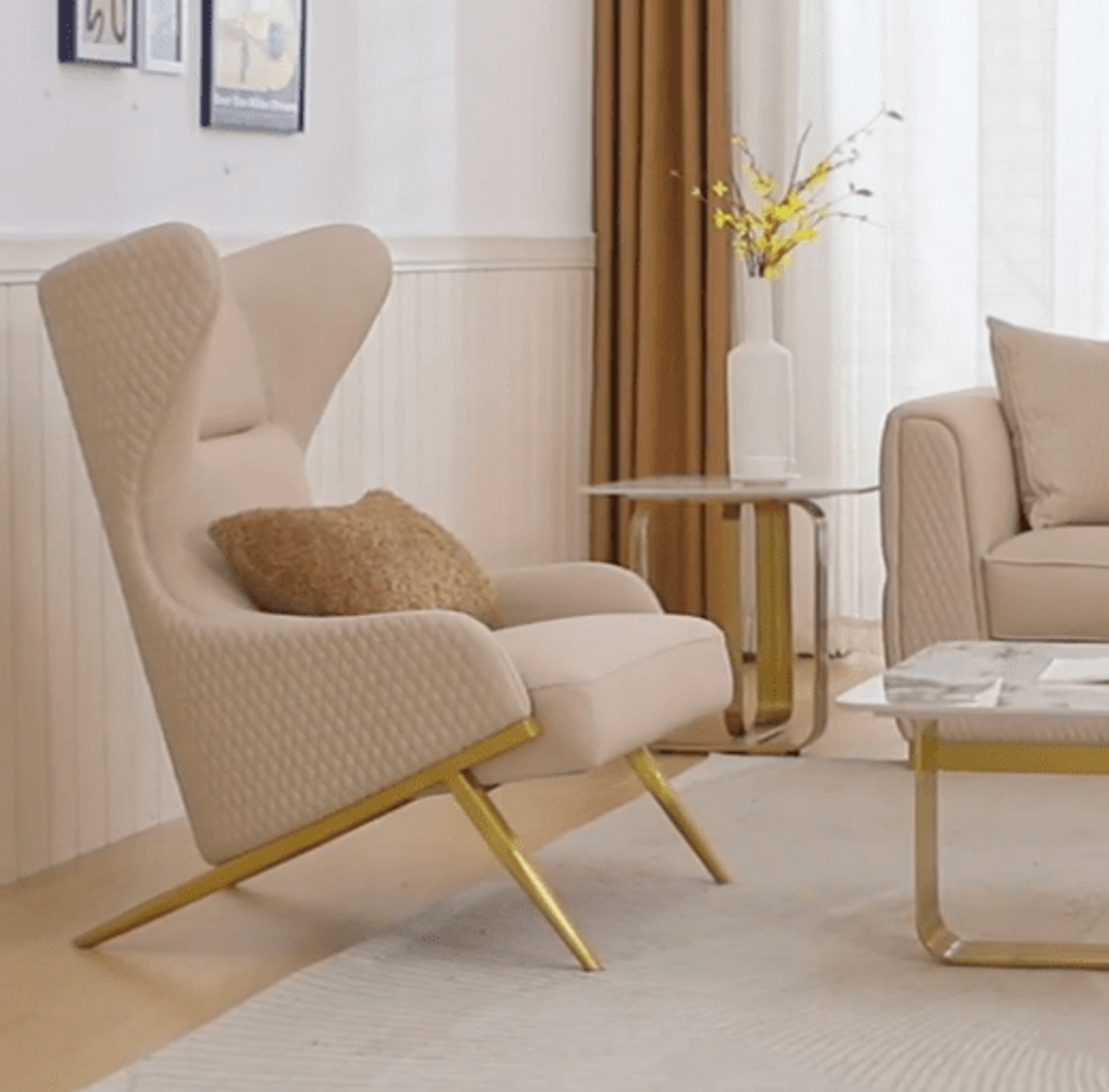 WSE High Quality Teak Wood Contemporary Gold Sofa Set V, Sofa Set
