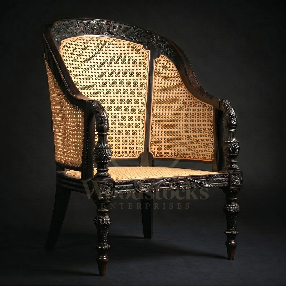 Hand Carved Teak Ceylonese Colonial Cane Bergère, Saharanpur, Living Room Chair