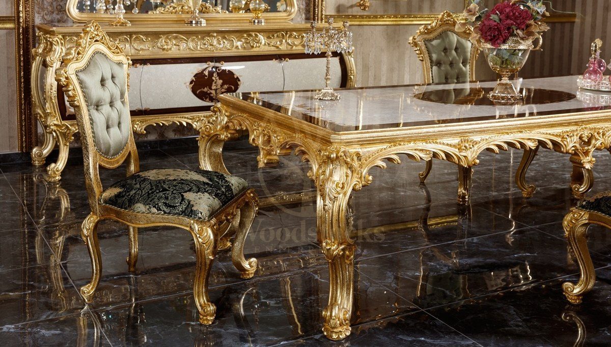 Royal Monesa Gold Leaf Hand Carved Teak Dining Table Set, Saharanpur, view 2