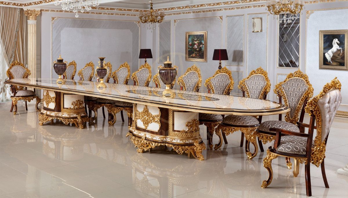 Royal Hunkar Gold Leaf Hand Carved Teak Dining Table Set II, Saharanpur, Dining Table