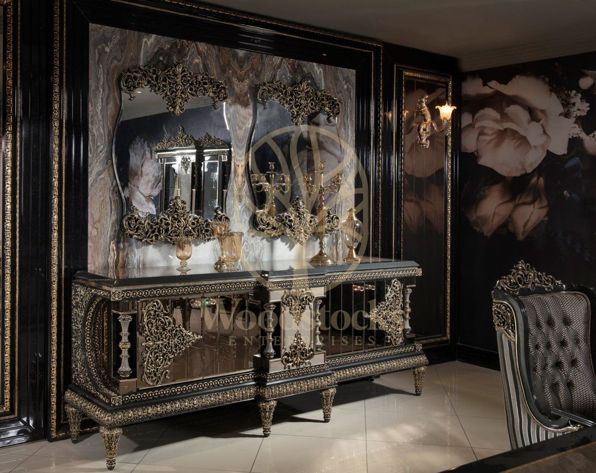 Teak Ornate Black Marble and Gold Console Table, Console Table