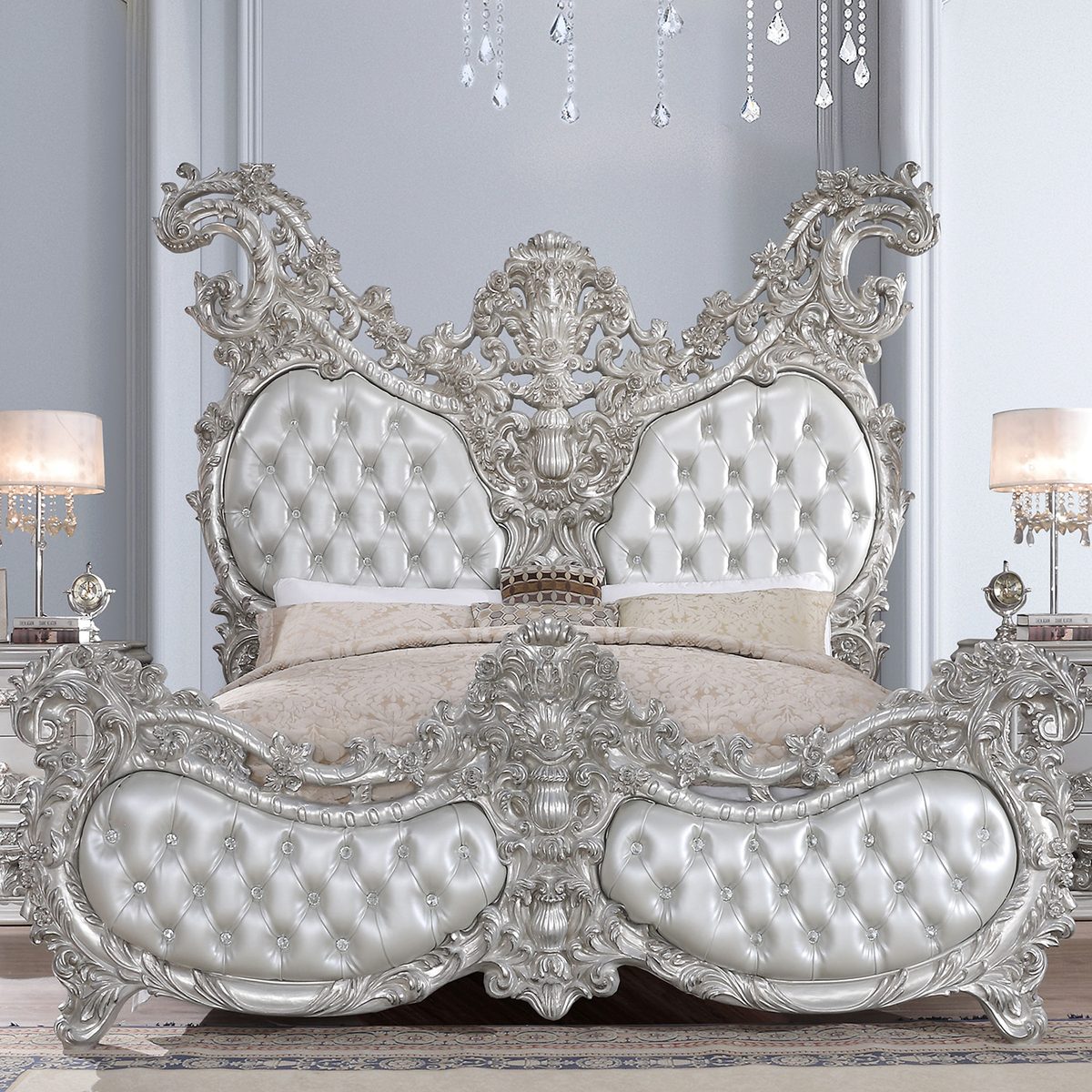 WSE High Quality Teak Wood Tufted Silver King Size Bed, King Size Bed