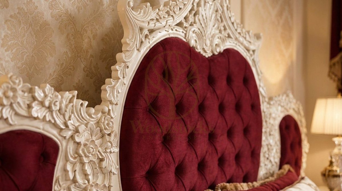 Teak Luxury Maharaja Carved Burgundy Velvet King Bed, view 4