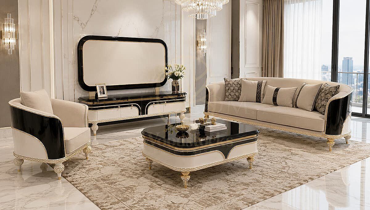 Luxury Montella White Black Handcrafted Teak Sofa Set, Saharanpur, view 2