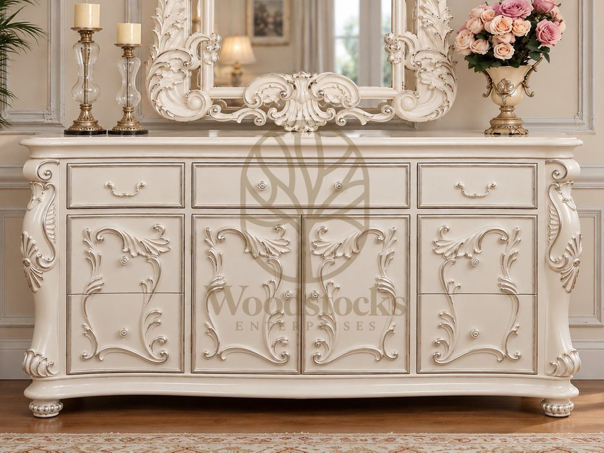 Luxury Ivory Ornate Carved Dresser with Mirror, view 4