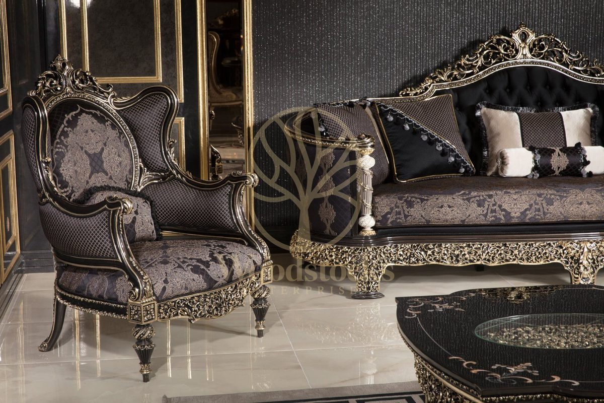 Teak Monaco Charcoal and Gold Tufted Sofa Set, view 13