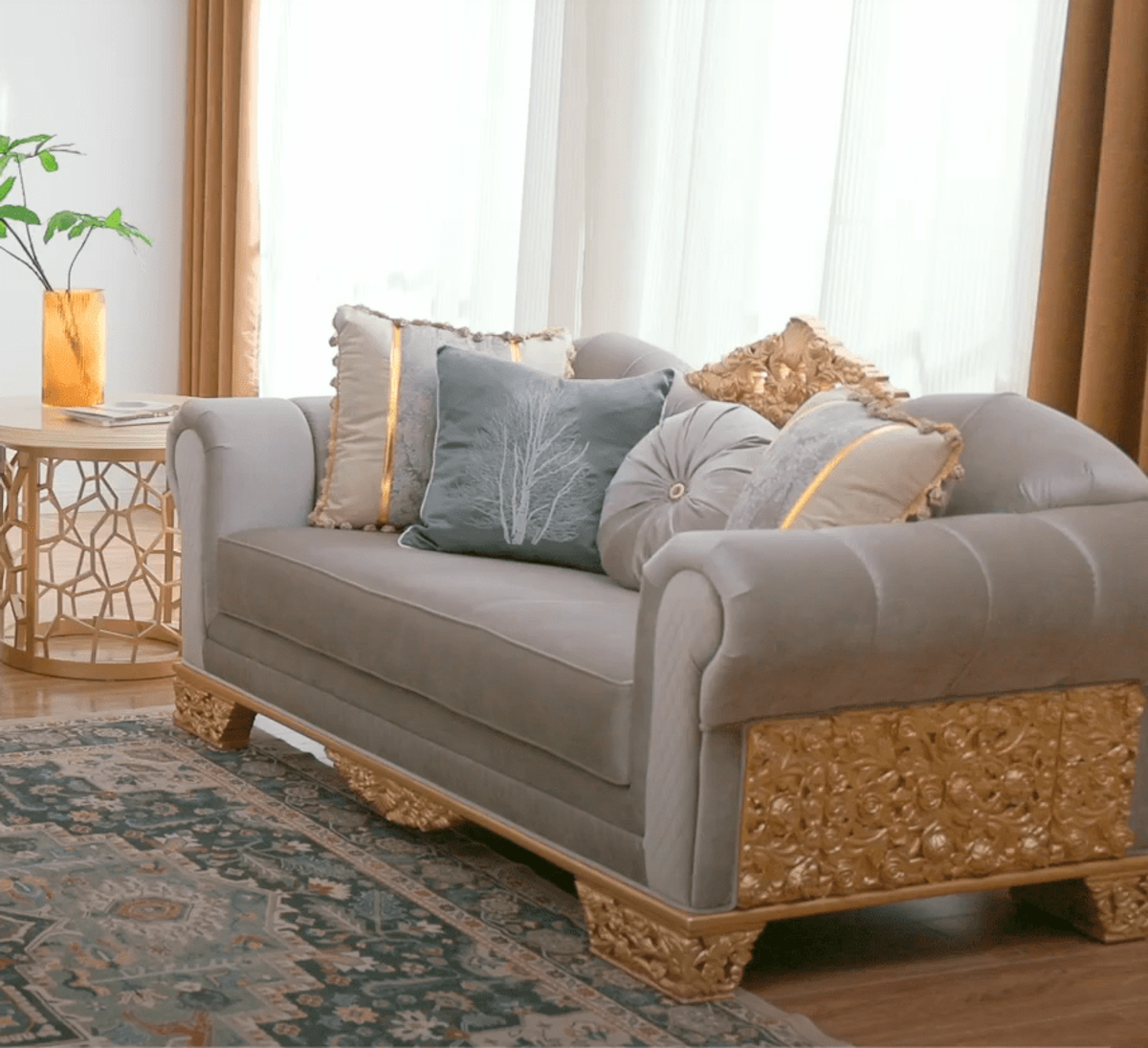 WSE High Quality Teak Wood Contemporary Gold Sofa Set VII, Sofa Set
