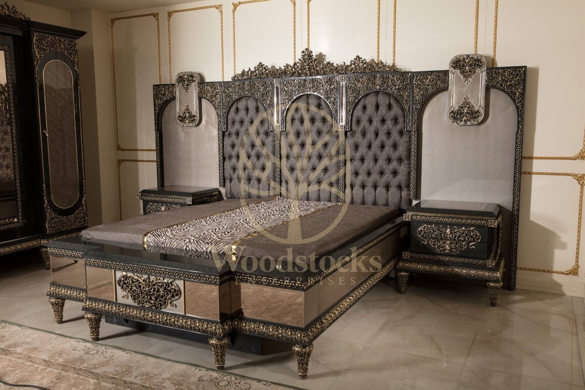 Teak Ornate Charcoal and Silver 4-Piece King Size Bed, view 21