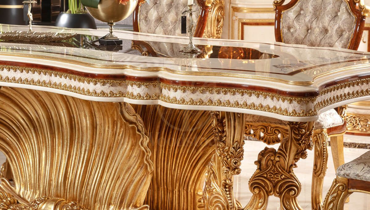 Royal Martinik Gold Leaf Hand Carved Teak Dining Table Set, Saharanpur, view 8