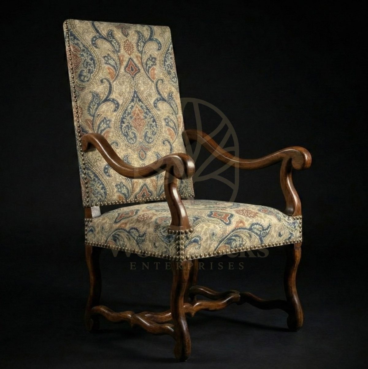 Royal Teak Loire Valley Damask-Woven Armchair, Saharanpur, Living Room Chair