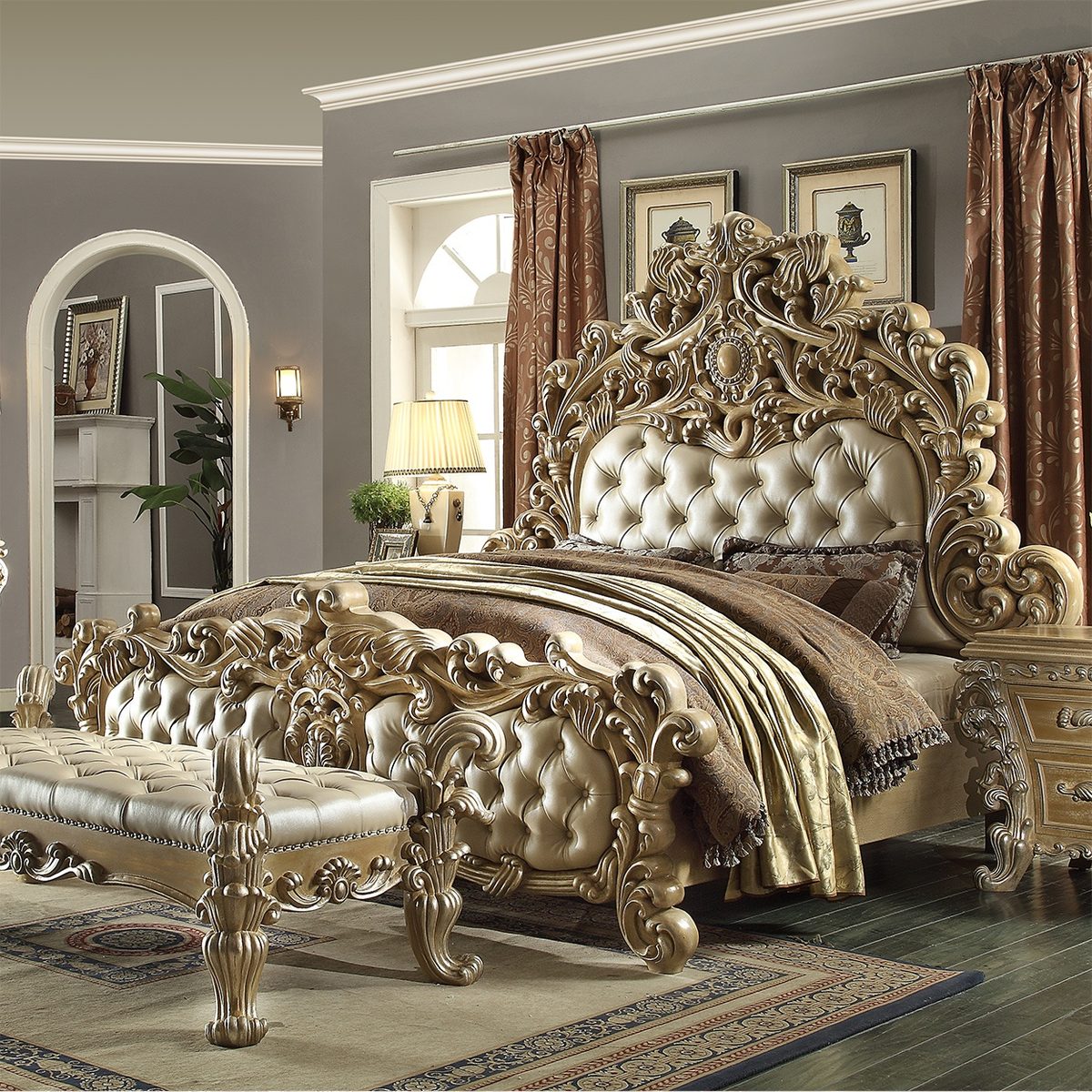 WSE High Quality Teak Wood Antique Silver 5-Piece King Size Bed II, King Size Bed