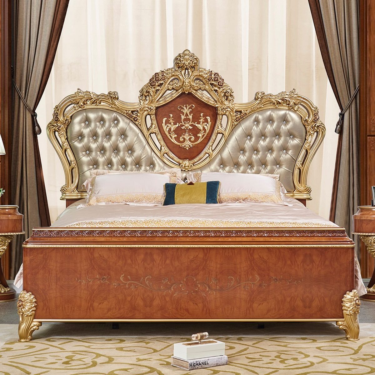 WSE High Quality Teak Wood Tufted 4-Piece King Size Bed, King Size Bed