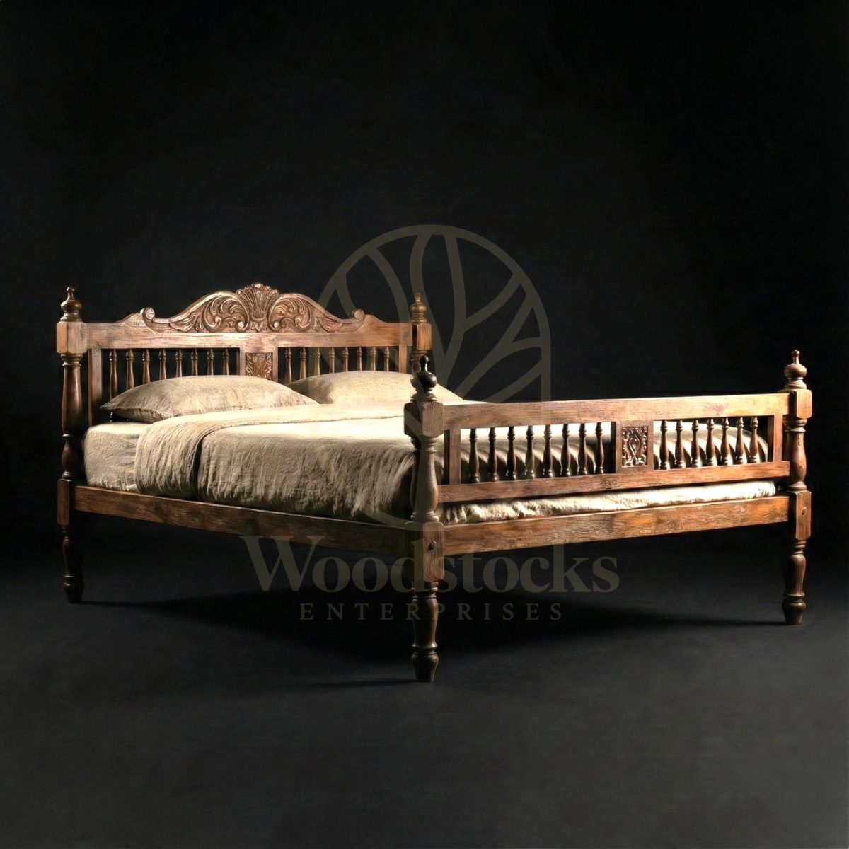Hand Carved Teak Cantonment House Turned-Spindle Bedstead, Saharanpur, King Size Bed