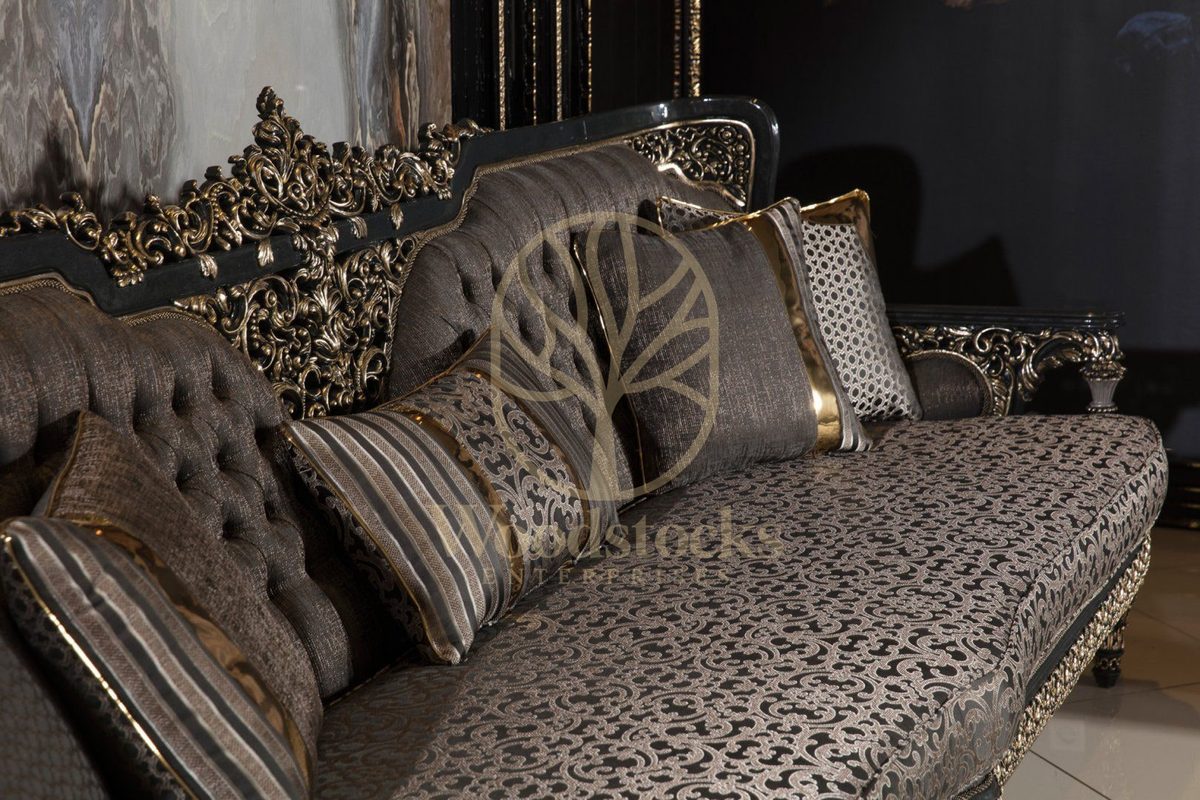Teak Ornate Sage Green and Gold Sofa Set, alternate view