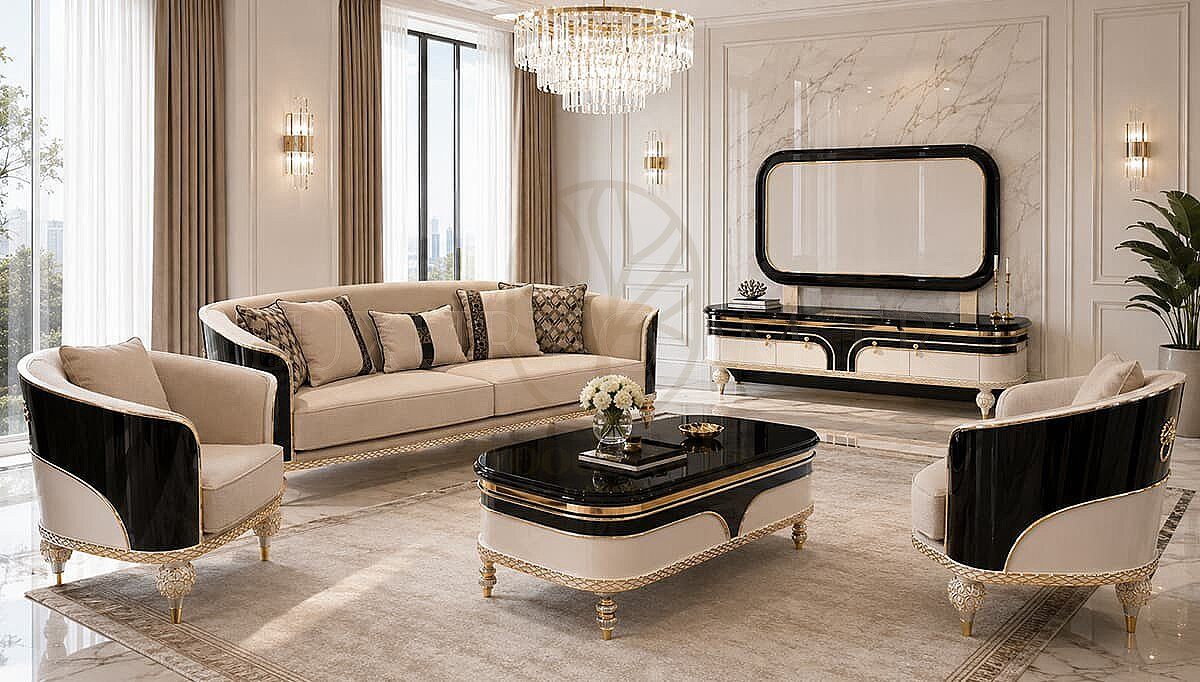 Luxury Montella White Black Handcrafted Teak Sofa Set, Saharanpur, view 4