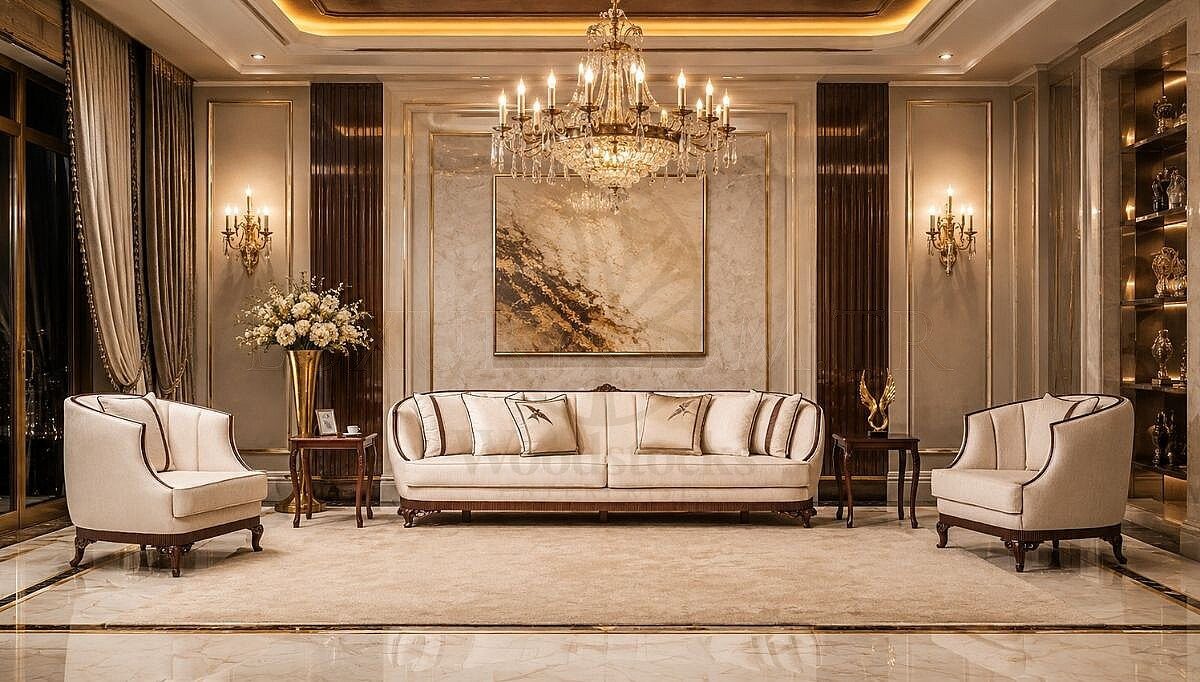 Luxury Karya Beige Handcrafted Teak Sofa Set, Saharanpur, Sofa Set
