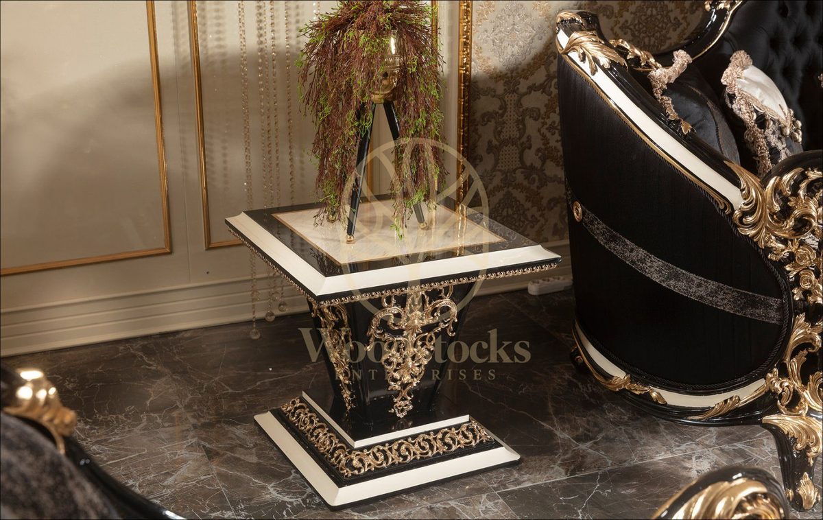Teak Baroque Ivory and Black Square Center Table, Center Table