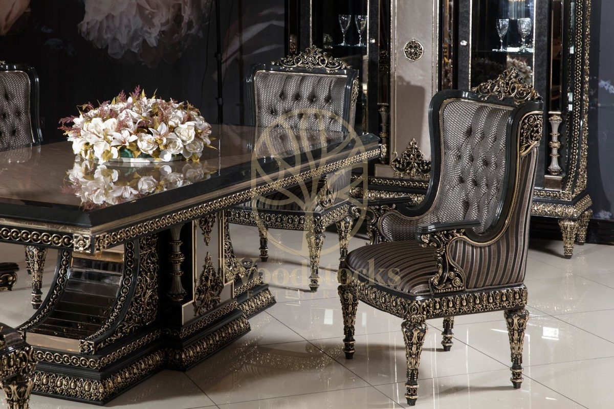 Teak Ornate Charcoal and Silver Dining Set, alternate view