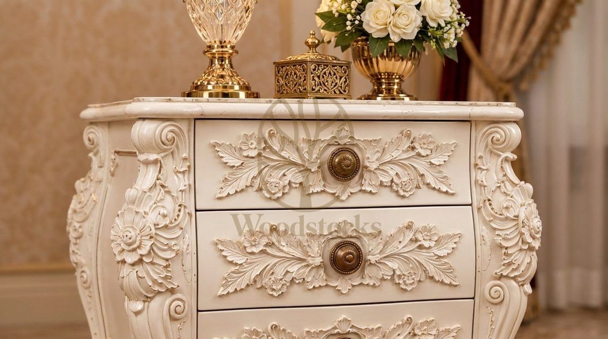 Teak Luxury Maharaja Carved Antiqued Ivory Nightstand, alternate view