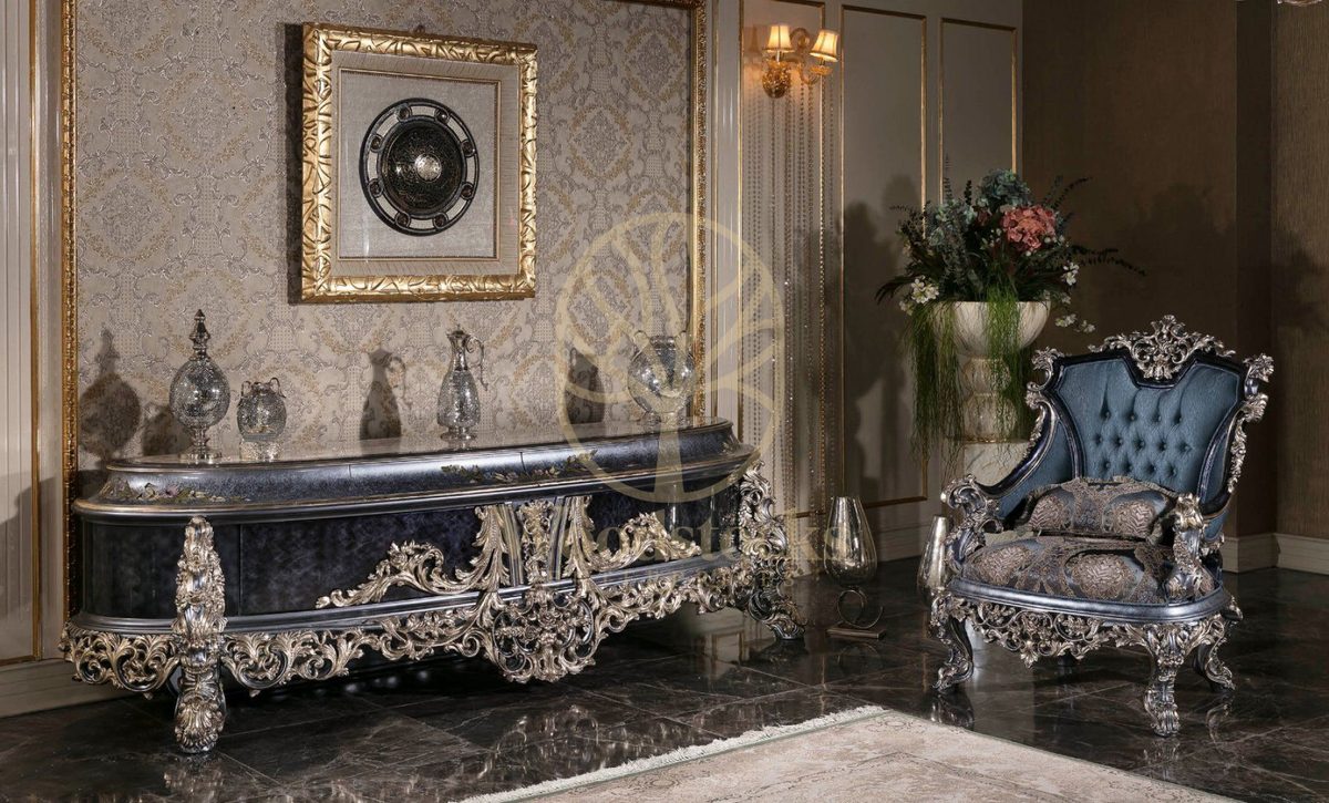 Teak Royal Navy and Silver Carved Sofa Set, alternate view