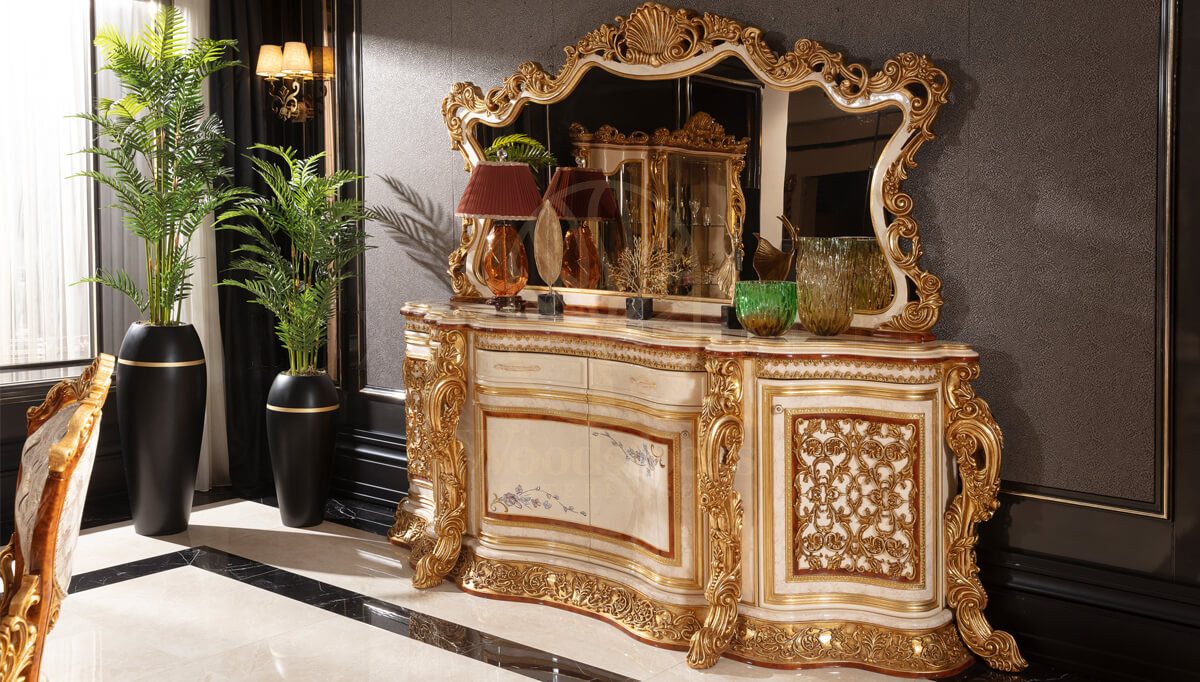 Royal Martinik Gold Leaf Hand Carved Teak Dining Table Set, Saharanpur, view 9