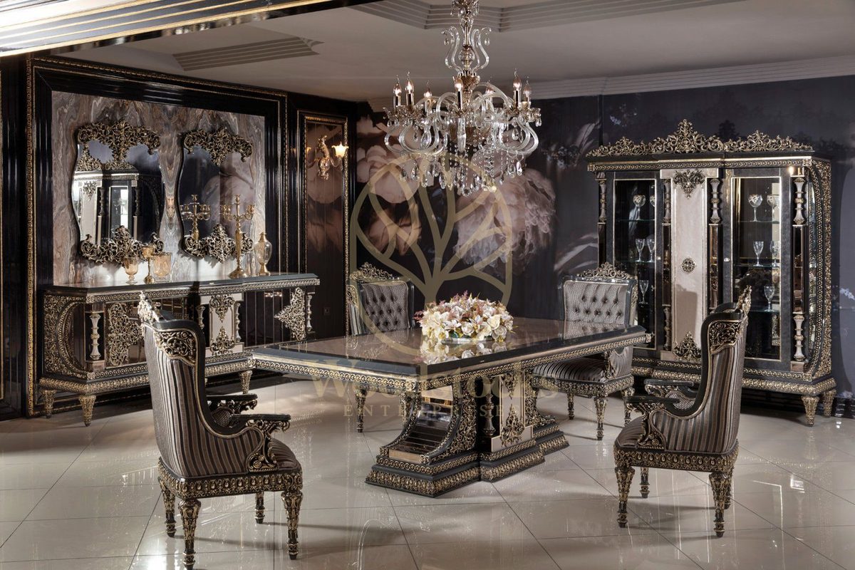 Teak Ornate Charcoal and Silver Dining Set, Dining Table