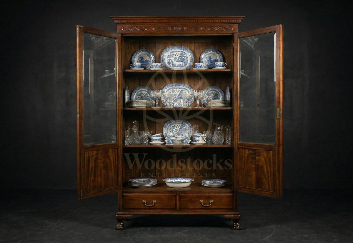 Hand Carved Teak Stratford Rosette-panel Glass Hutch, Saharanpur, view 2