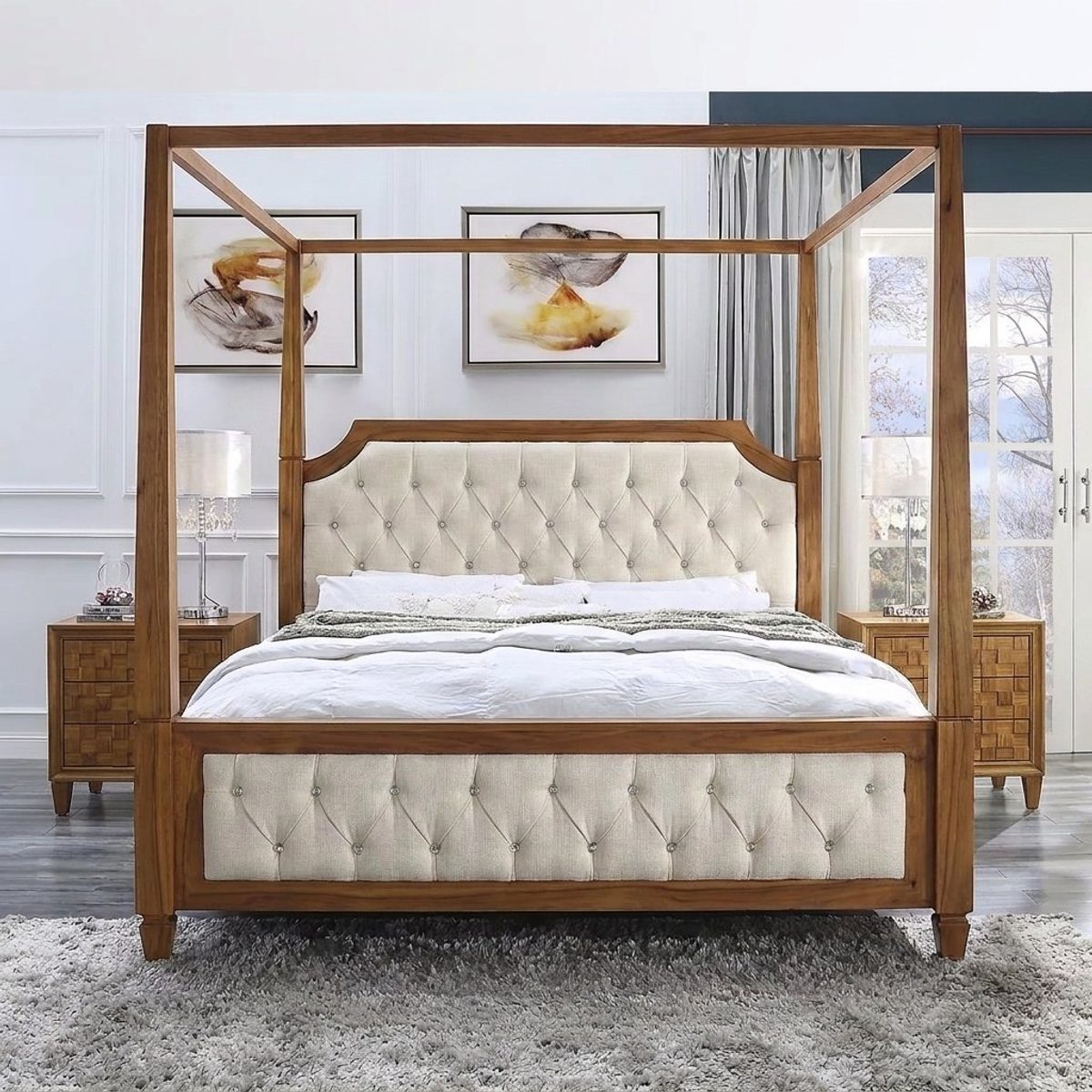 Teak Tufted 5-Piece Four-Poster Bed, Four Poster Bed