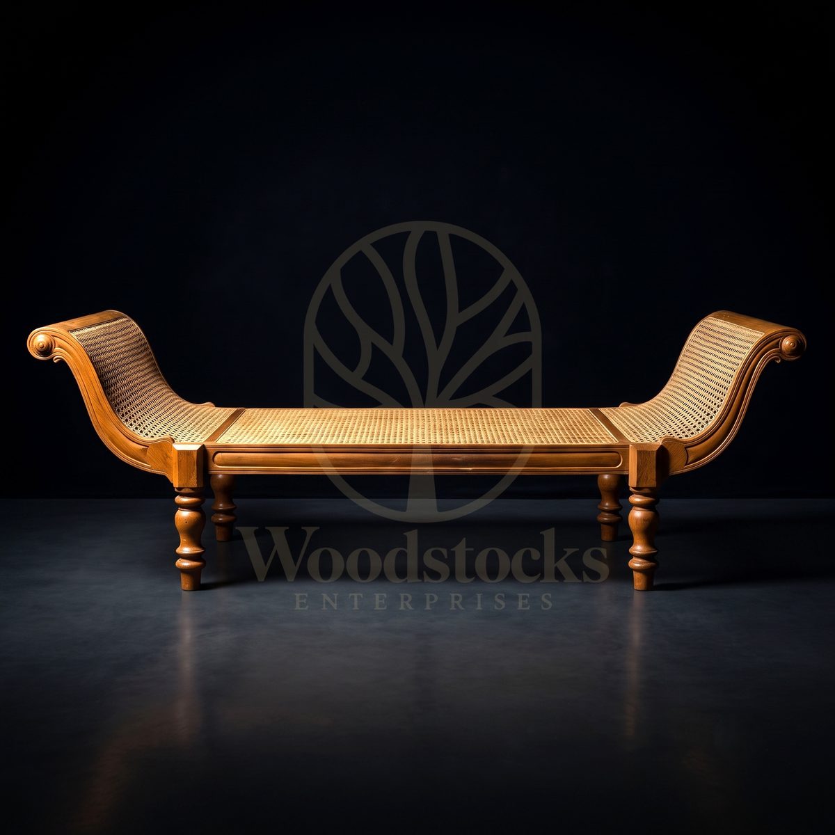 Luxury Teak Pondichéry Double-Scroll Cane Daybed, Saharanpur, Diwan Couch