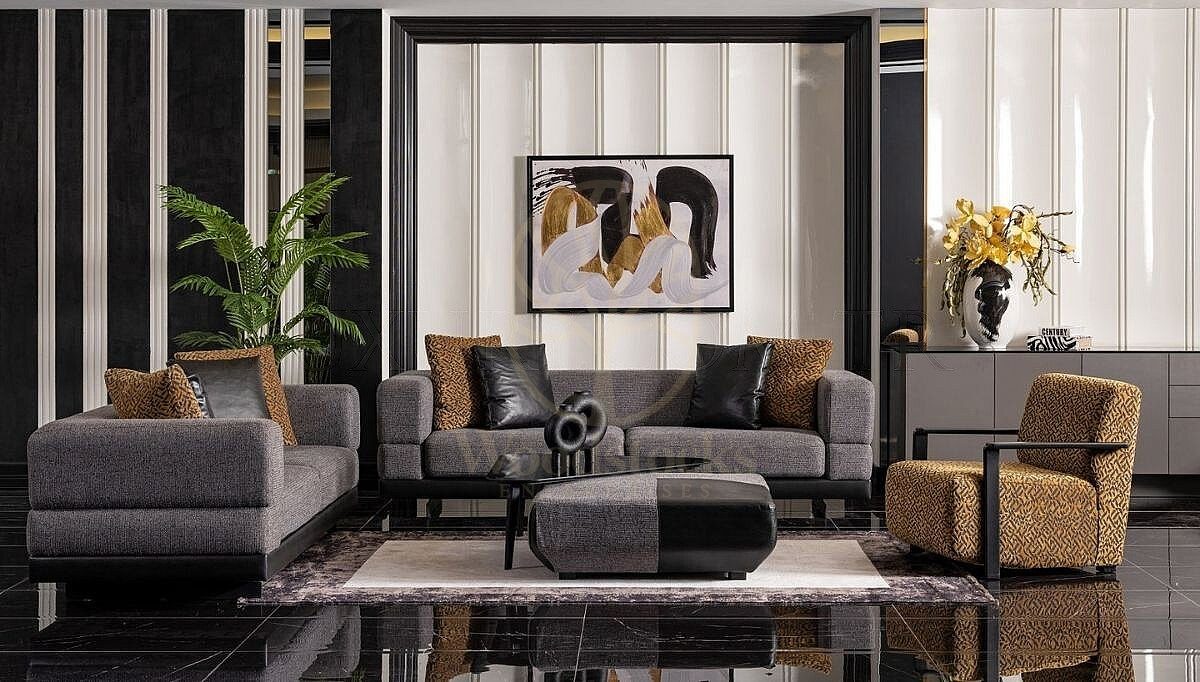 Luxury Noren Grey Anthracite Handcrafted Teak Sofa Set, Saharanpur, Sofa Set