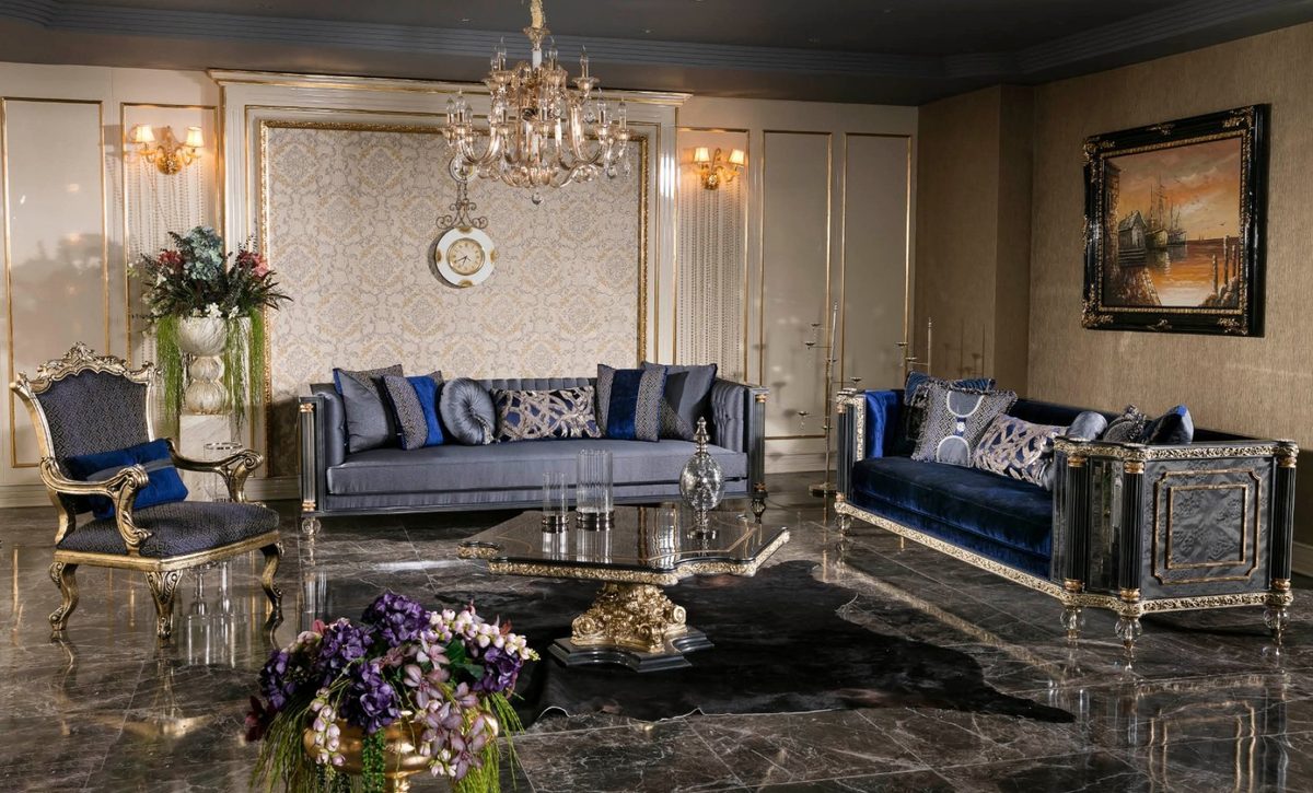 Teak Roma Blue Velvet Sofa Set, Sofa Set