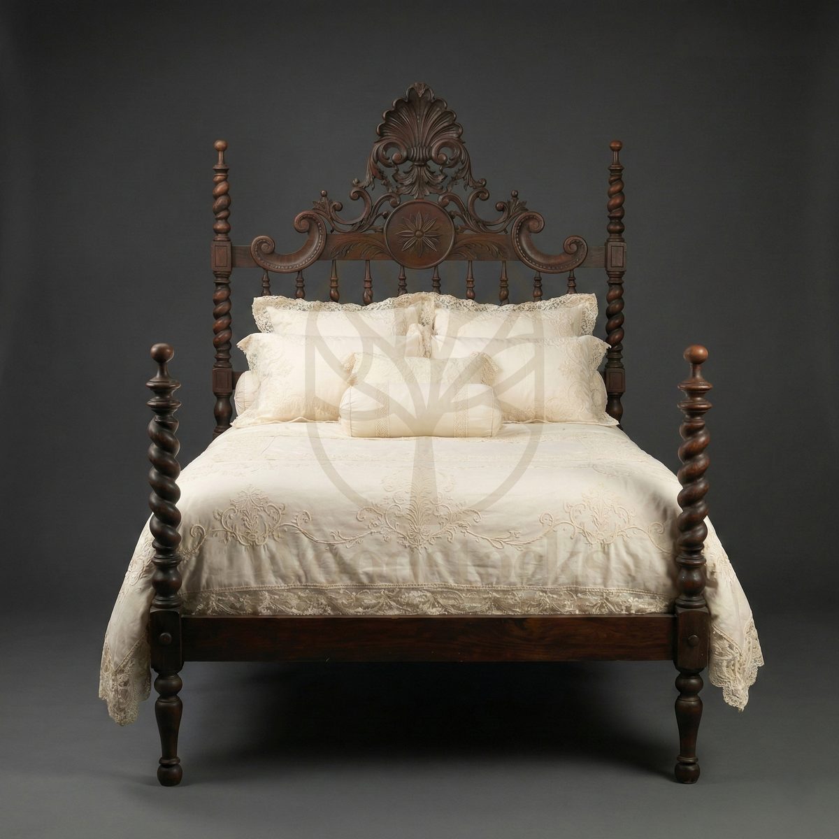 Royal Hand Carved Teak Lisbon Baroque Revival Spiral-Post Bed, Saharanpur, view 3