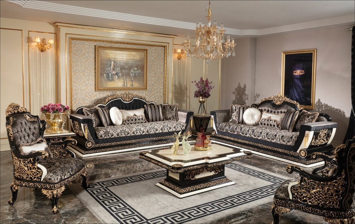 Teak Lyon Black and Gold Tufted Sofa Set, Sofa Set