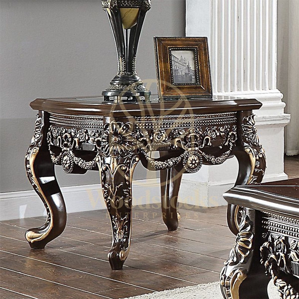 Teak Hand-Carved Antique Gold Corner Table IV, End Table / Corner Table