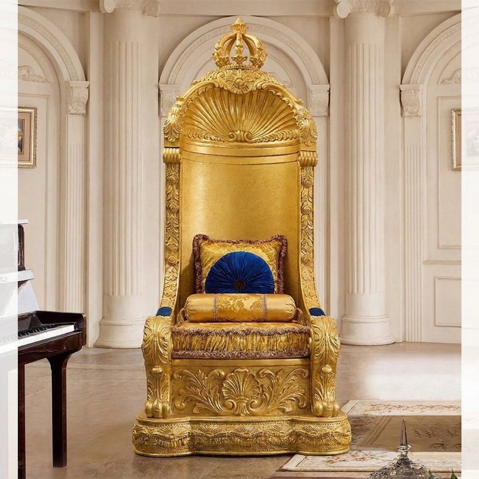Teak Baroque Antique Gold Maharaja Chair, hand-carved to order at the Woodstocks workshop in Saharanpur