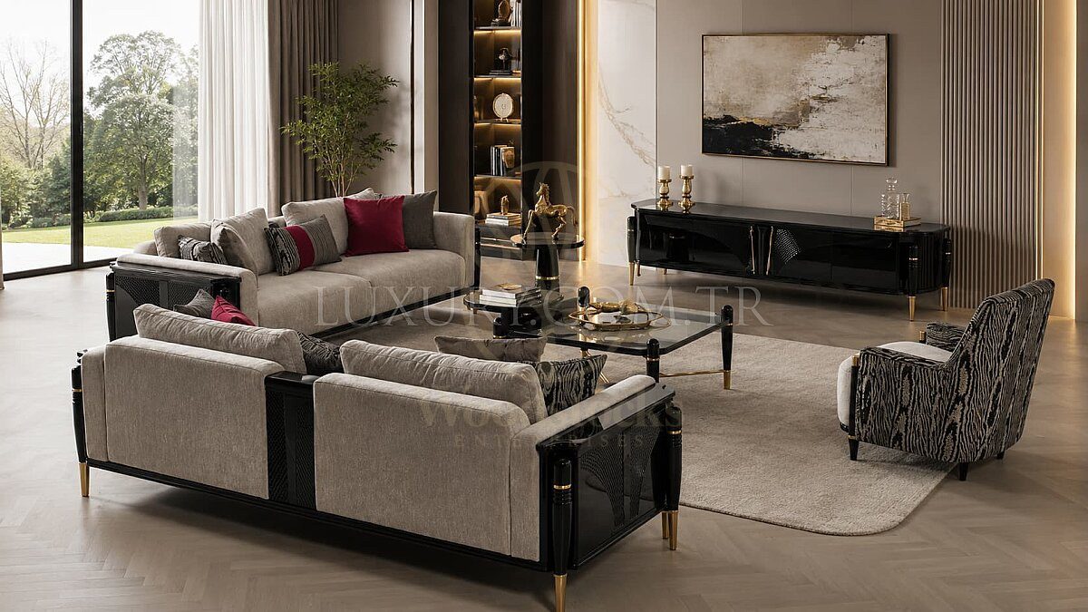 Luxury Arlina Black Handcrafted Teak Sofa Set, Saharanpur, Sofa Set