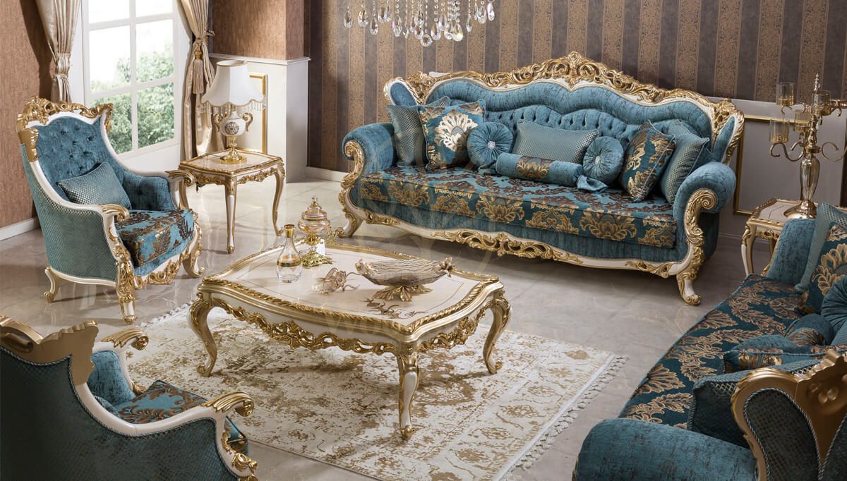 Royal Mecidiye Gold Leaf Hand Carved Teak Sofa Set, Saharanpur, view 2