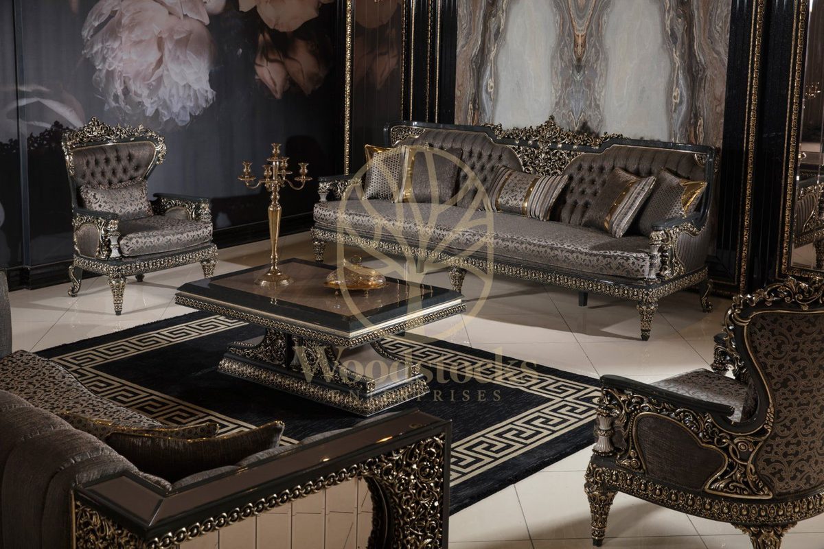 Teak Ornate Sage Green and Gold Sofa Set, view 7